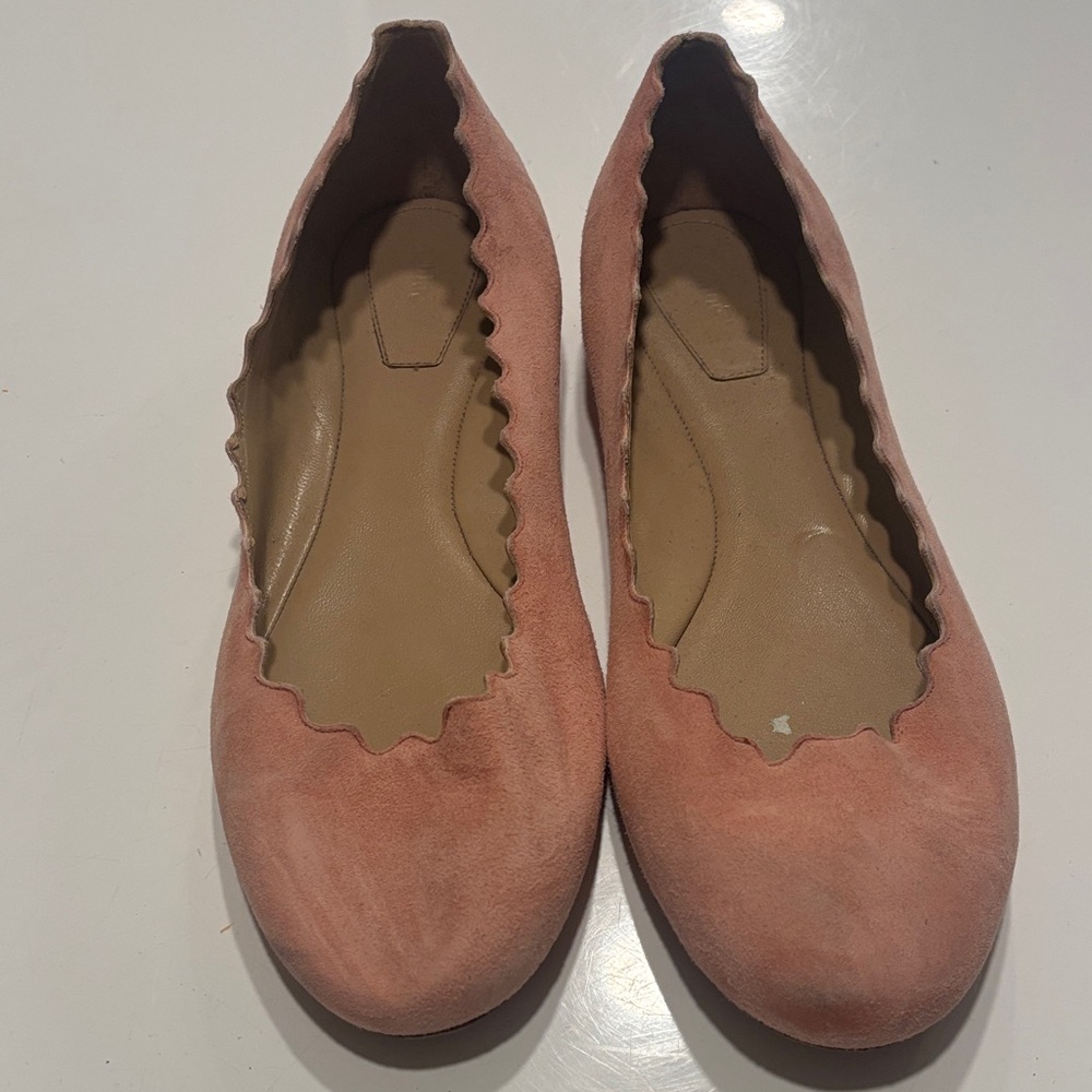 Chloe Scalloped Pink Suede Flats